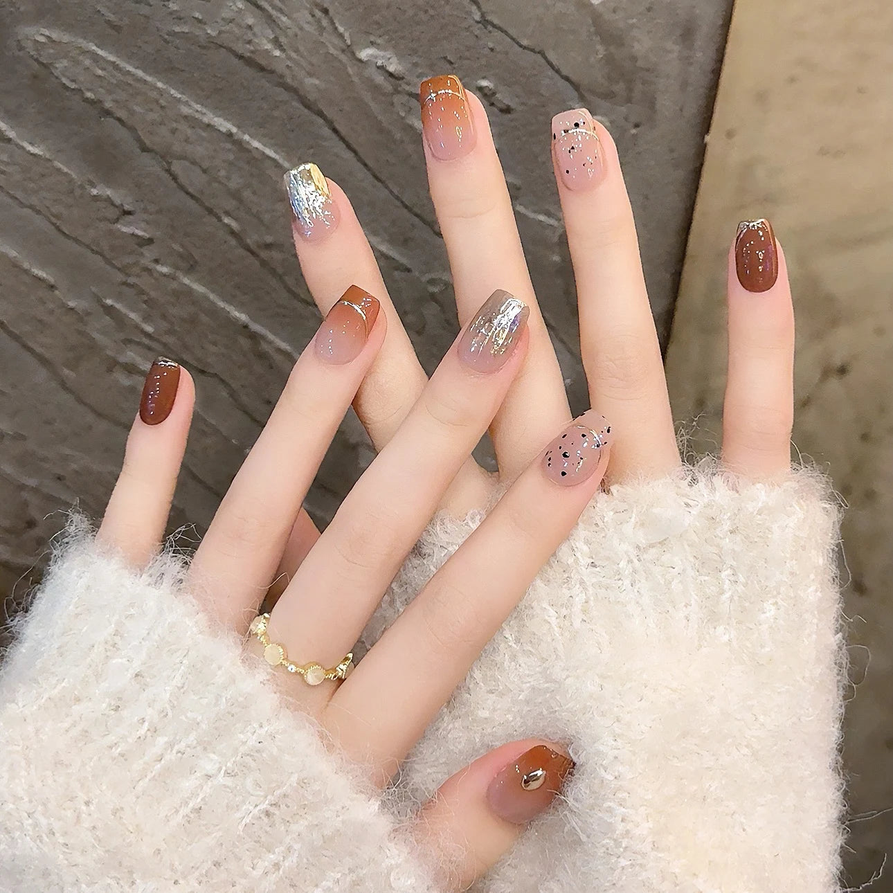 10Pcs Gradient Brown Coffin False Nails Long Ballet Fake Nails with French Edge Design Glitter Wearable Press on Nails Manicure