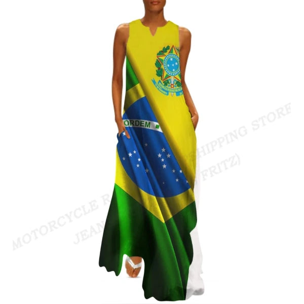 Brazil Flag Dress Women Fashion V-neck Long Dress Party Evening Casual Brasil Women Dresses Elegant Boho Maxi Vestido Beach Robe