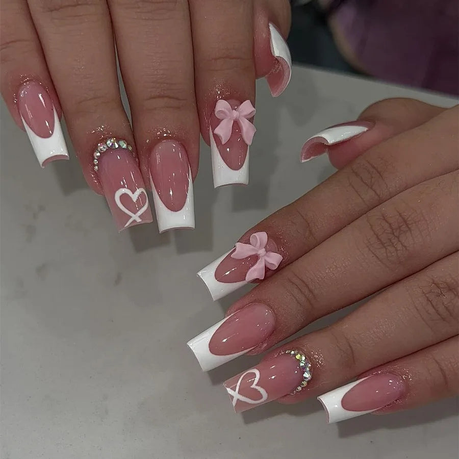 White Bow Decor Fake Nails Long Coffin Ballet False Nail Tips Full Cover Detachable French Pink Sweet Press on Nails for Women