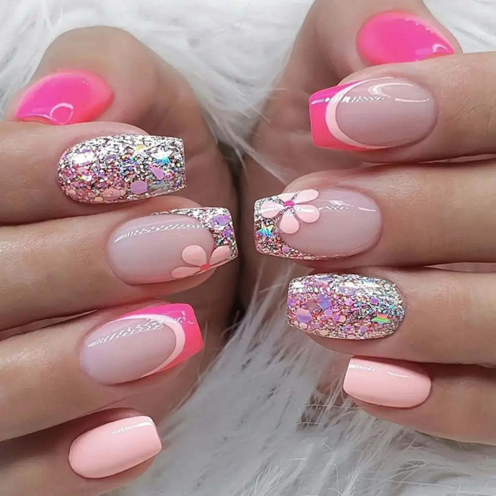 24Pcs Full Cover Press on Nails French False Nails Short Ballerina Fake Nails Detachable Lovely Stars Blue White Wavy Nail Tips
