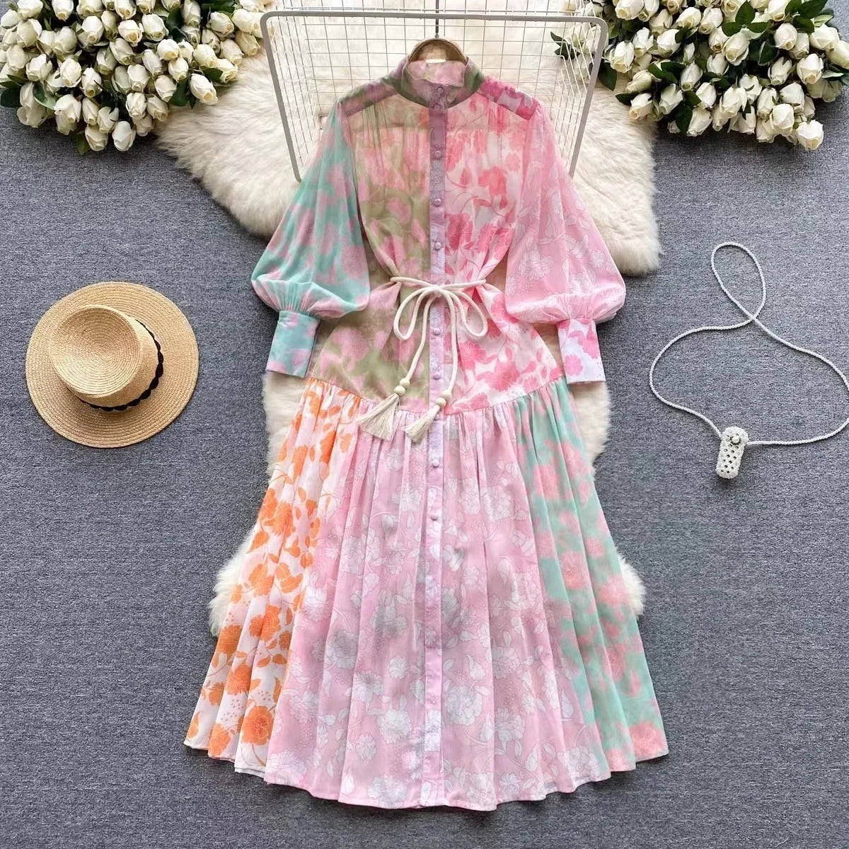 2024 Early Spring New Sensibility Niche Stand Collar Lantern Sleeve Printing Dress Loose Fit Slimming Elegant Long Dress