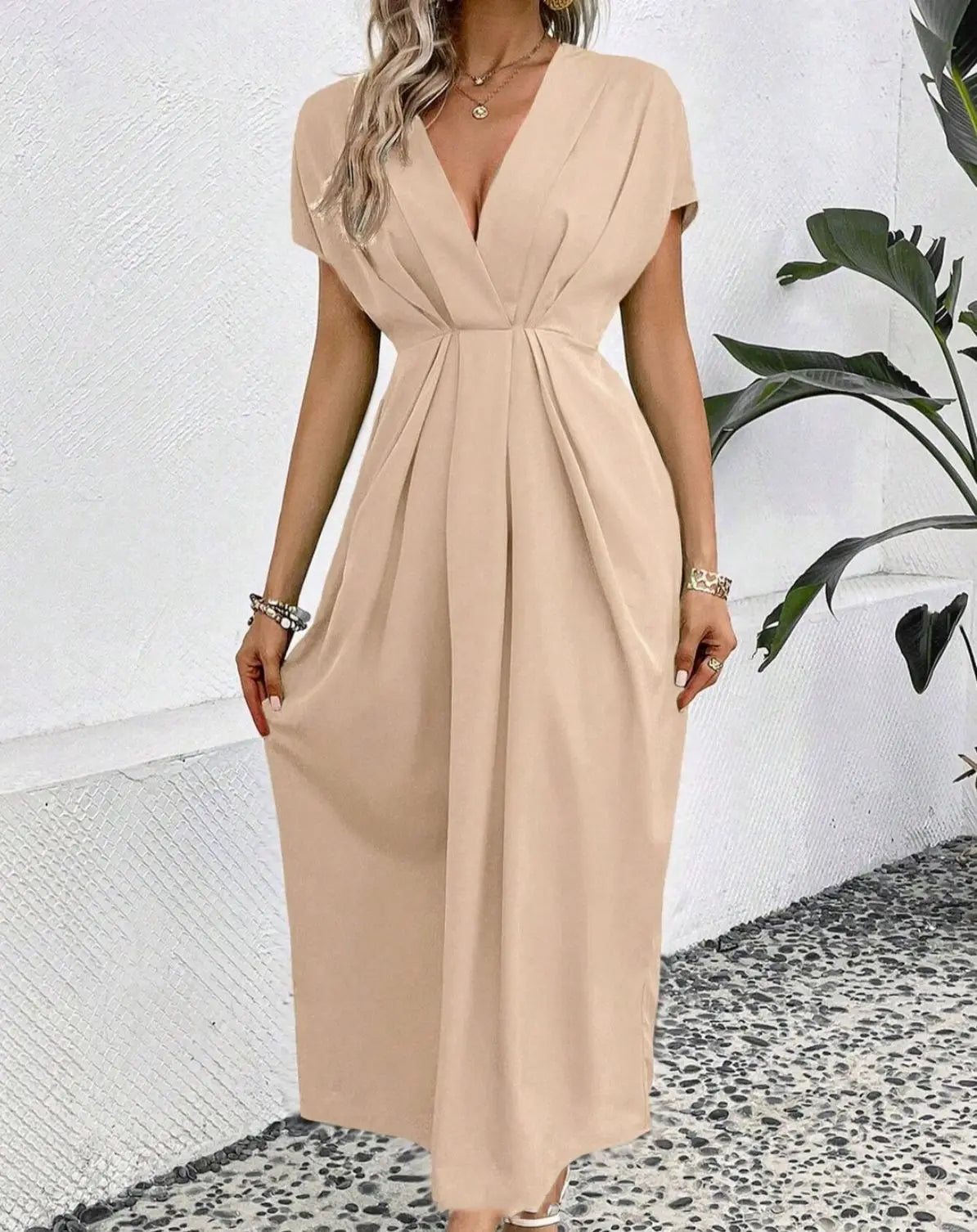 Fashionable High Waisted Elegant Party Dress 2024 Summer Solid Color Deep V-neck Pleated Elastic Long Dress Vestidos De Mujer