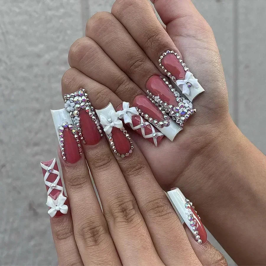 24Pcs Pink French False Nails French with Rhinestone Acrylic Fake Nail Tips Detachable Coffin Press on Nails Full Cover Manicure