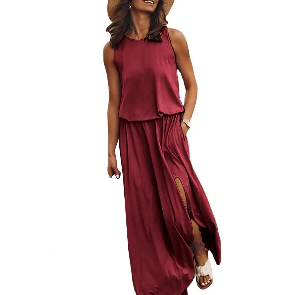 Long Dress Sleeveless Round Neck Solid Color Breathable Friendly to Skin Polyester Women Casual Maxi Dress Summer Sundress