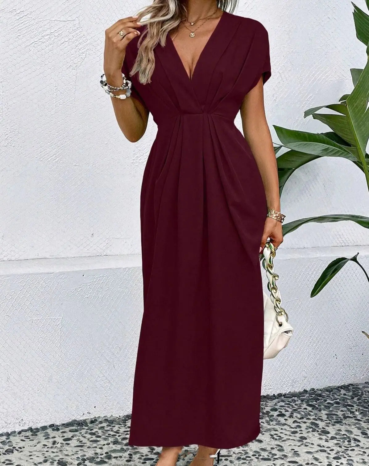Fashionable High Waisted Elegant Party Dress 2024 Summer Solid Color Deep V-neck Pleated Elastic Long Dress Vestidos De Mujer