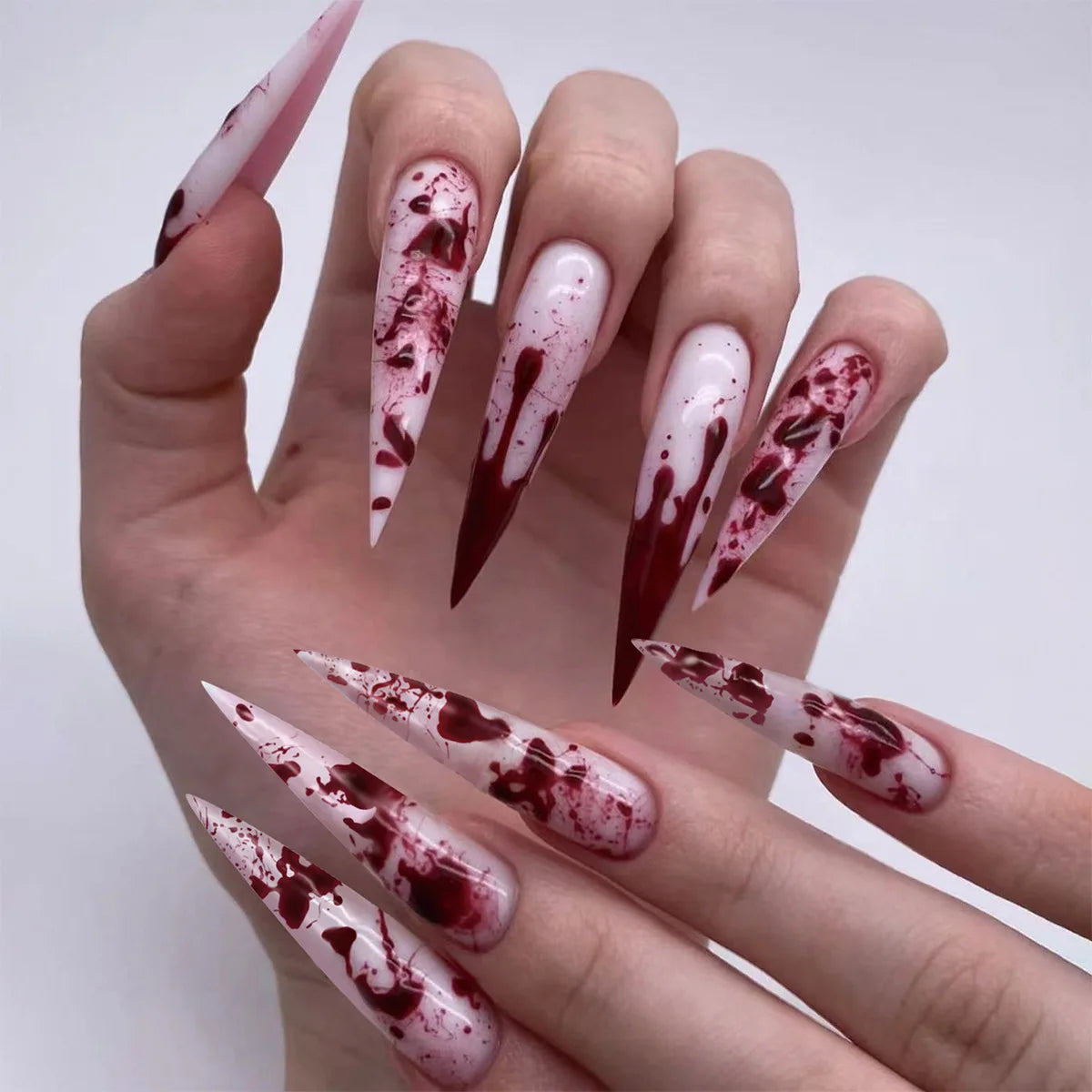 24Pcs Halloween Blood Press on Nails Set Long Coffin Glossy Acrylic Nail Tips Full Cover Ballerina False Nails for Women&Girls
