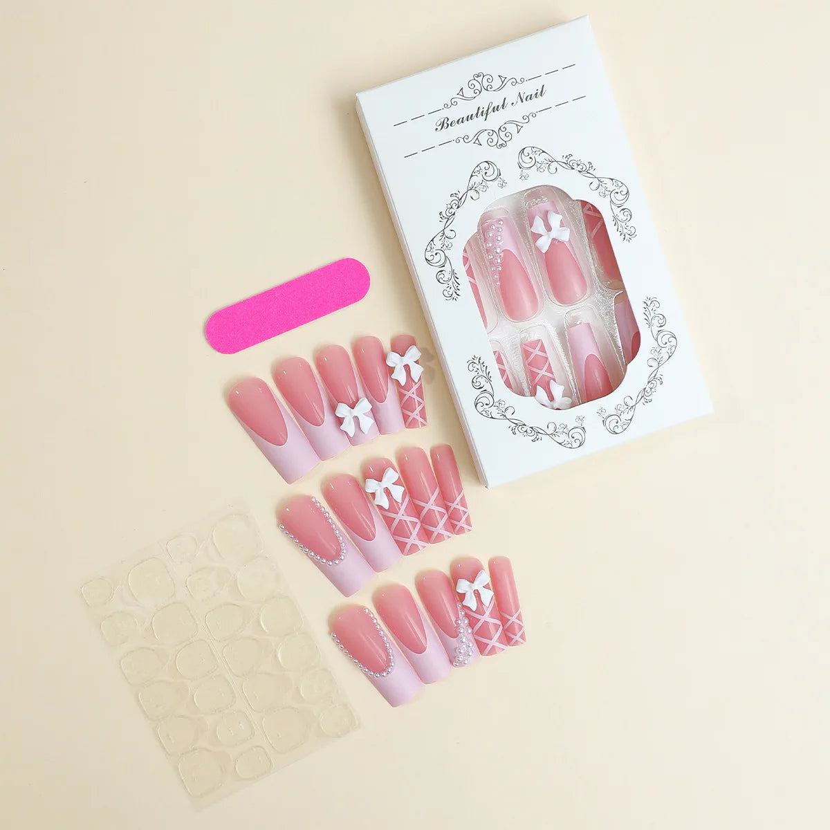 White Bow Decor Fake Nails Long Coffin Ballet False Nail Tips Full Cover Detachable French Pink Sweet Press on Nails for Women