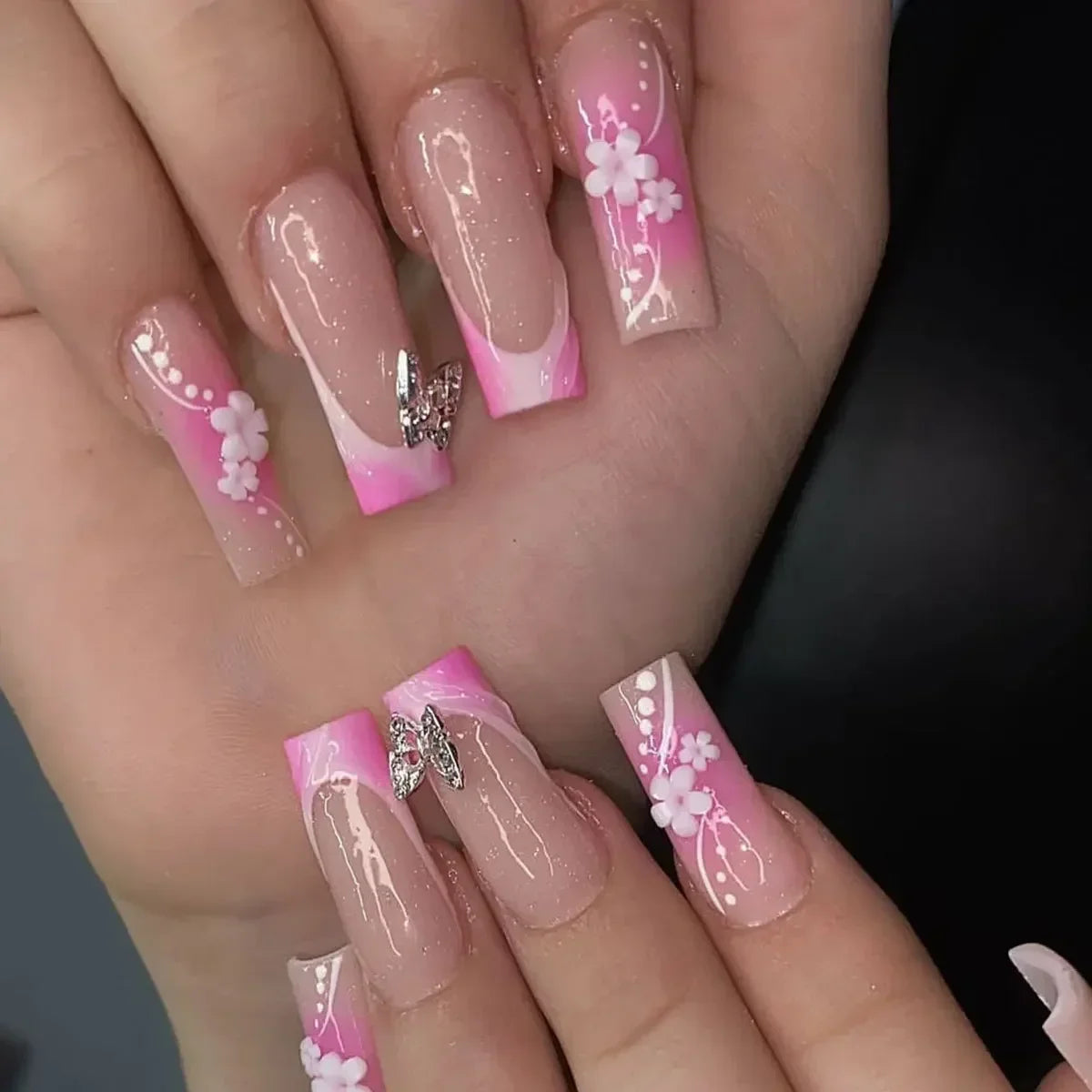 24Pc Press on Nails Long Pink French Fake Nails Press Ons Acrylic Black French Tip Nails Wearable Cute Y2k Full Cover False Nail