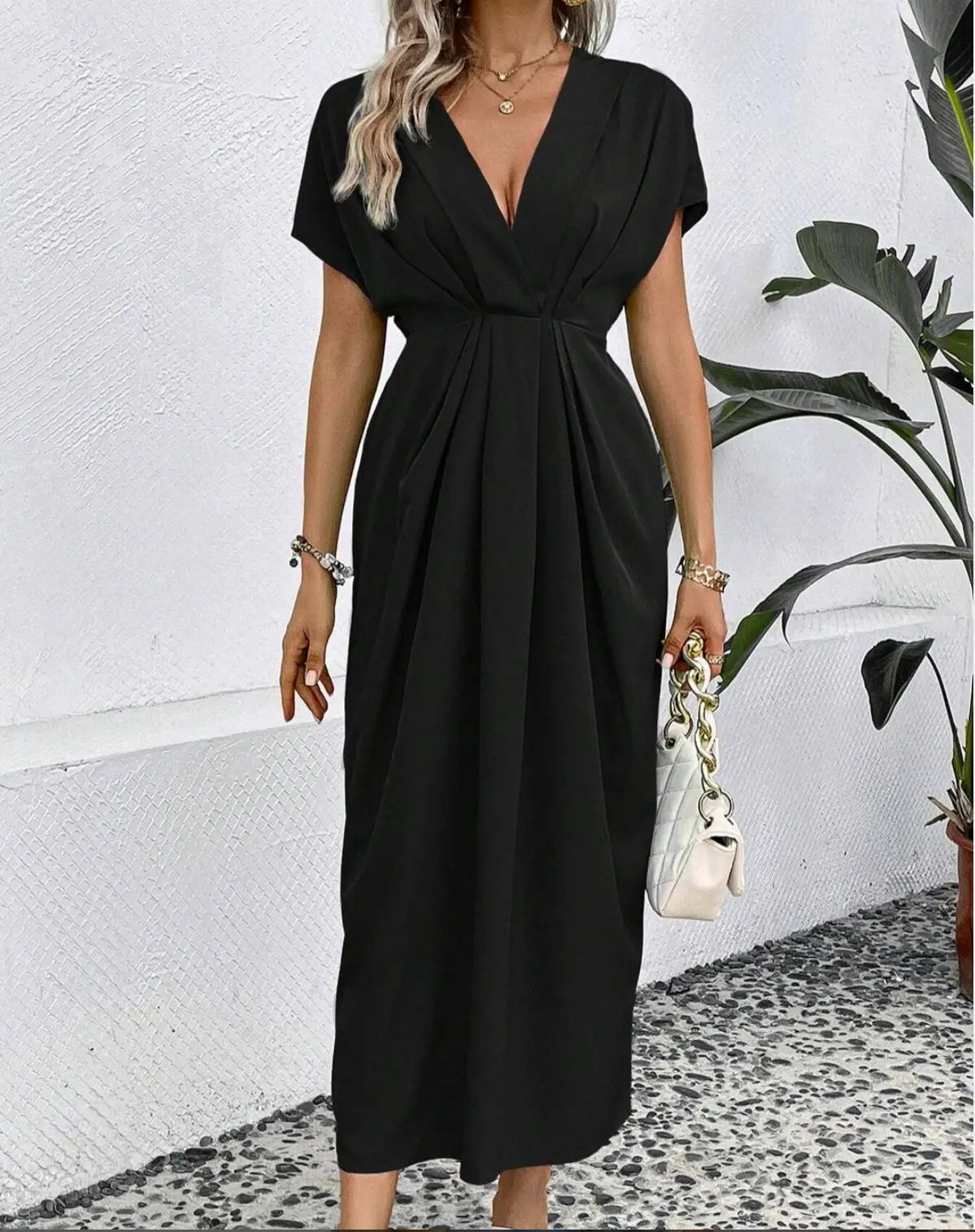 Fashionable High Waisted Elegant Party Dress 2024 Summer Solid Color Deep V-neck Pleated Elastic Long Dress Vestidos De Mujer