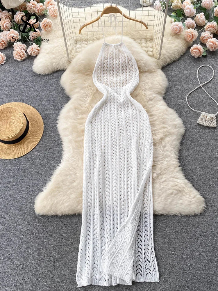 SINGREINY Sexy Backless Knitted Dress Women Halter Sleeveless Hollow Out Split Sundress Korean Vacation Knit Beach Long Dress