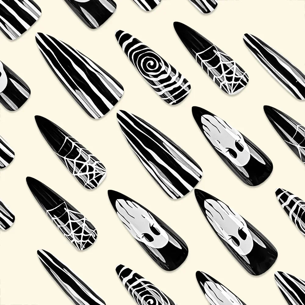 24Pcs Halloween Ghost Press on Nails Personalized Cobweb Pattern Teardrop Nails Full Cover False Nail for Women&Girls Party Wear
