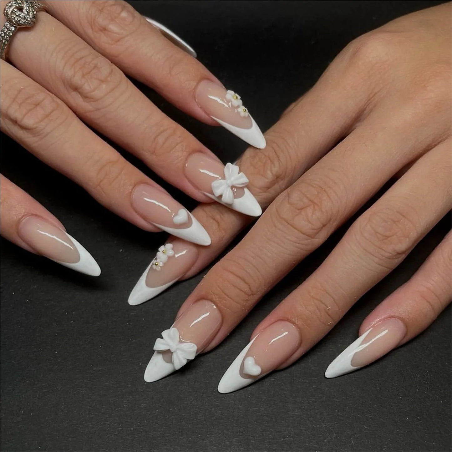 White Bow Decor Fake Nails Long Coffin Ballet False Nail Tips Full Cover Detachable French Pink Sweet Press on Nails for Women