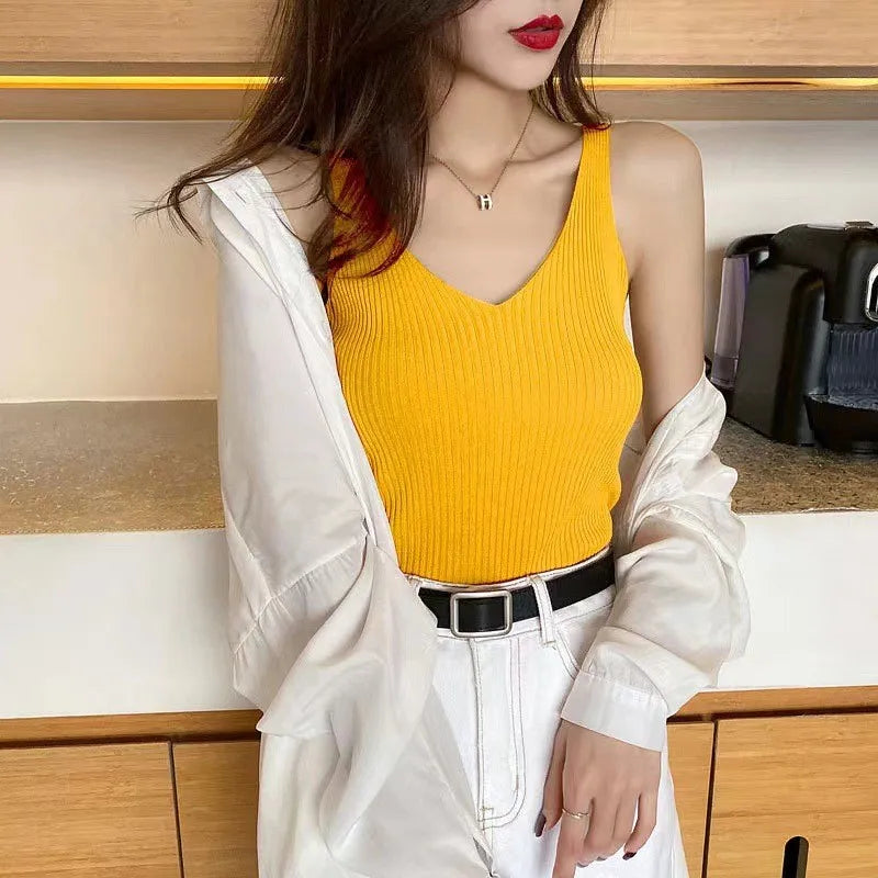 V-neck Knitted Ice Silk Sleeveless Top Thin Vest Knit Slim Fit Tank Top Sexy Female Camisole Women Clothing Spring Summer Fall