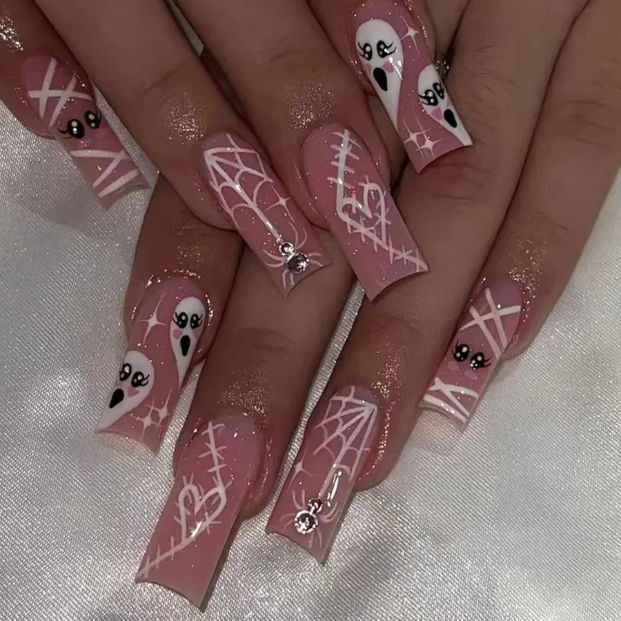 24Pcs Halloween Ghost Press on Nails Personalized Cobweb Pattern Teardrop Nails Full Cover False Nail for Women&Girls Party Wear
