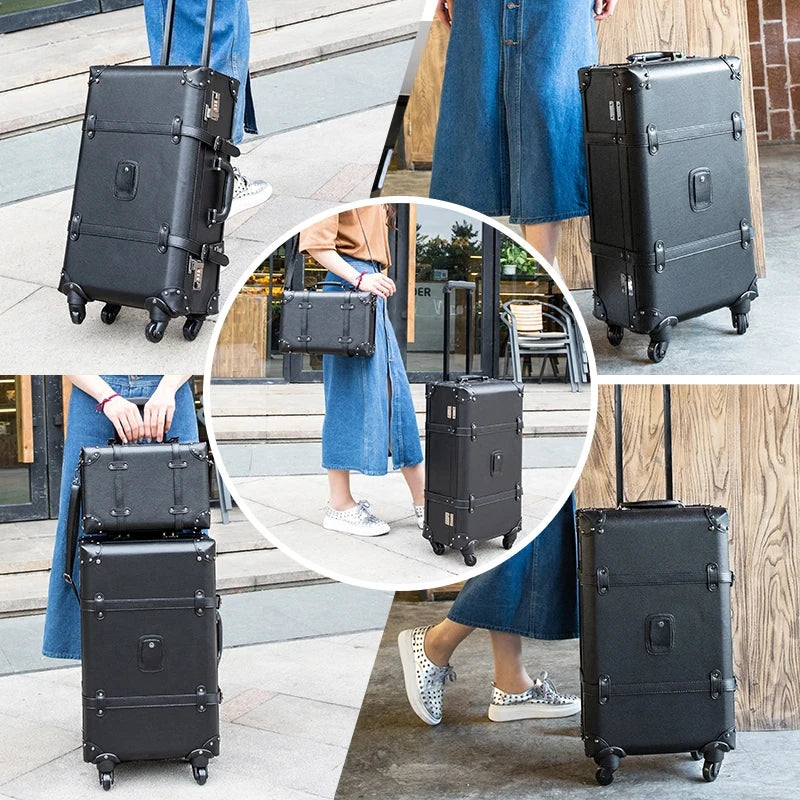 GraspDream Retro Rolling Luggage Spinner Vintage Leather Suitcase on Wheel Women Trolley Travel Bag Men Trunk Carry On Luggage