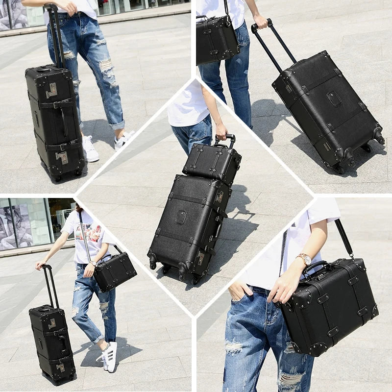 GraspDream Retro Rolling Luggage Spinner Vintage Leather Suitcase on Wheel Women Trolley Travel Bag Men Trunk Carry On Luggage