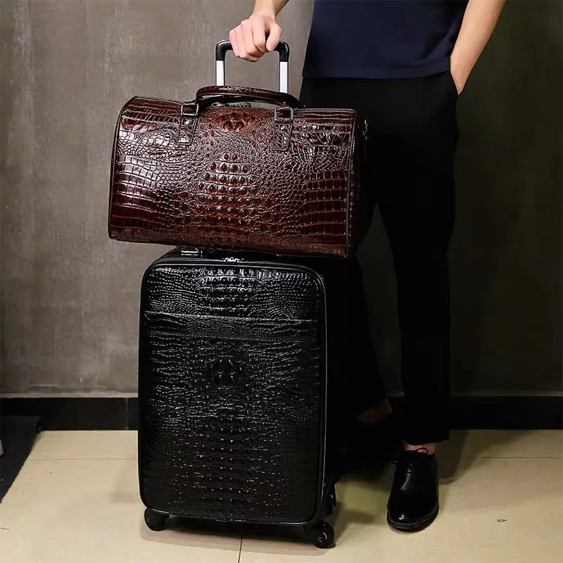 100% Real Leather travel luggage with handbag men head cowhide universal wheel crocodile pattern suitcase 20 inch boarding case