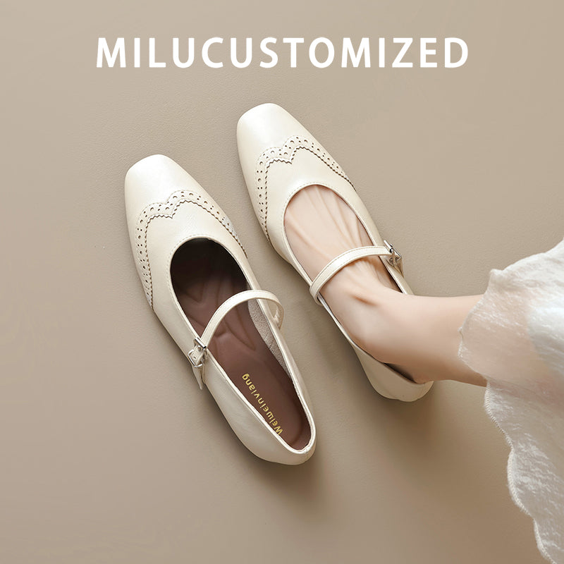 Genuine Leather French style Small Square Toe Flat Mary Jane Shoes Women 2025 Spring New Buckle Soft Bottom Shallow Mouth Single-Layer Shoes