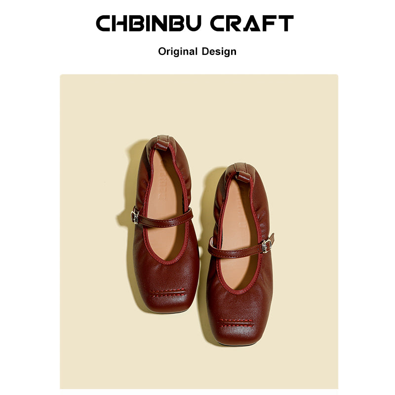 Genuine Leather French Ballet Flats Women's 2025 Spring New Arrival Flats Mary Jane Shoes Flats Square Toe Low Heel Small Leather Shoes