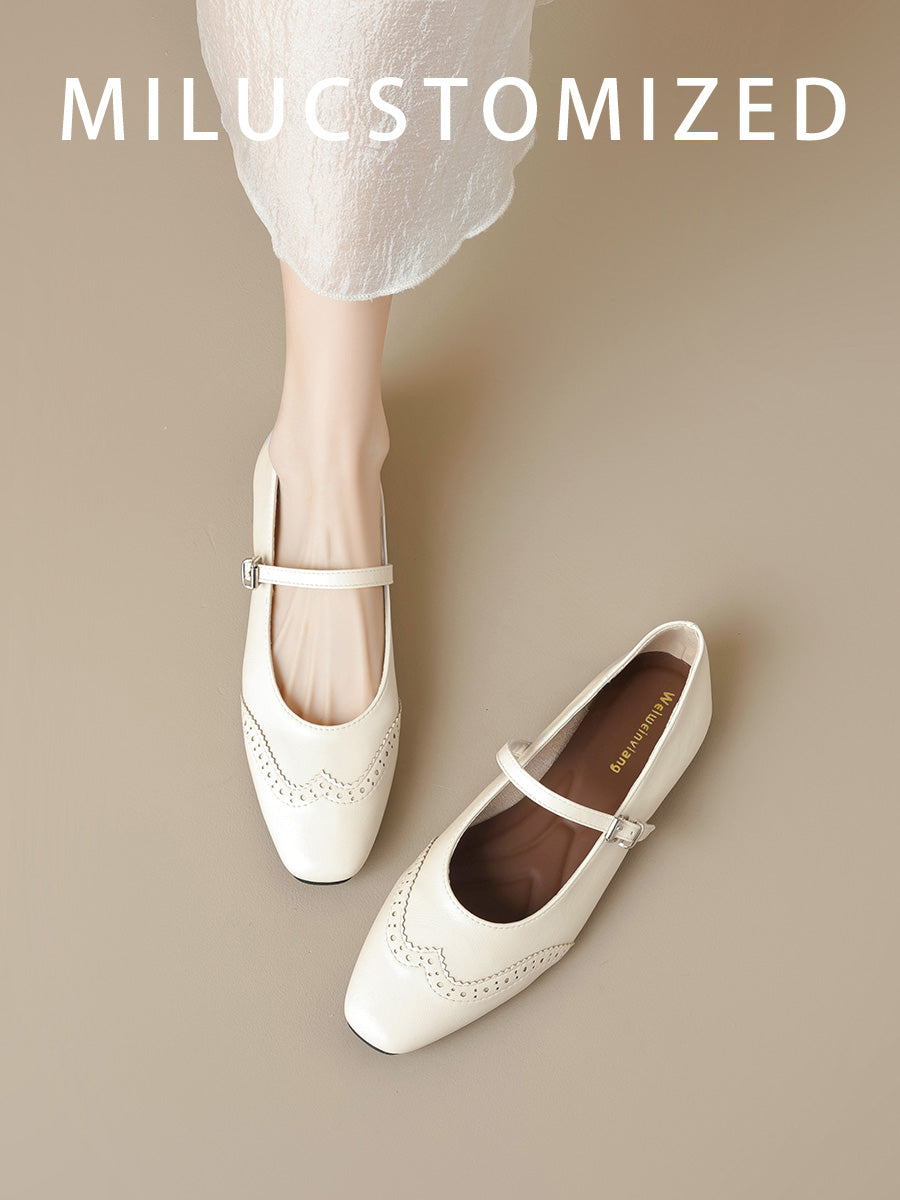 Genuine Leather French style Small Square Toe Flat Mary Jane Shoes Women 2025 Spring New Buckle Soft Bottom Shallow Mouth Single-Layer Shoes