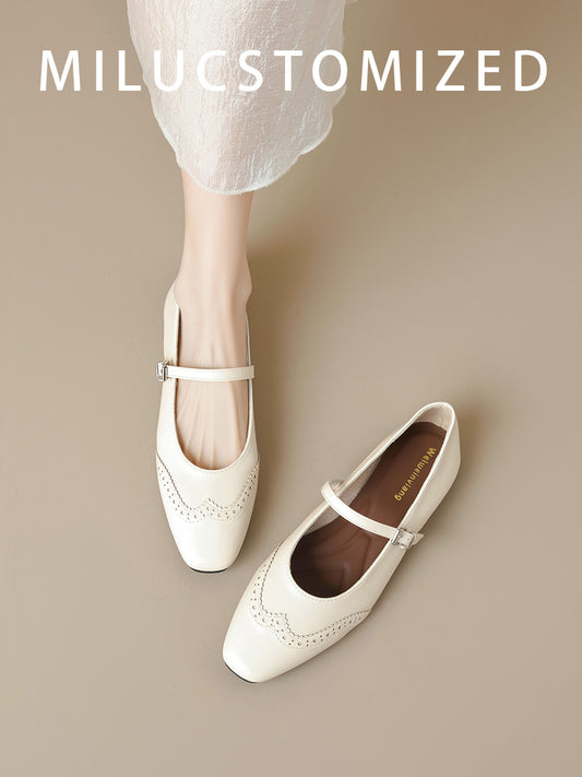 Genuine Leather French style Small Square Toe Flat Mary Jane Shoes Women 2025 Spring New Buckle Soft Bottom Shallow Mouth Single-Layer Shoes