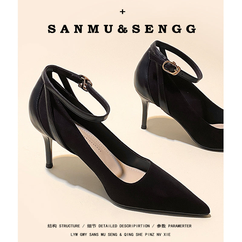 Ankle-Strap High Heels Female Fall and Winter Fleece-lined 2025 New Arrival Flats Black Work Clothing Professional Stiletto Pointed-Toe Shoes
