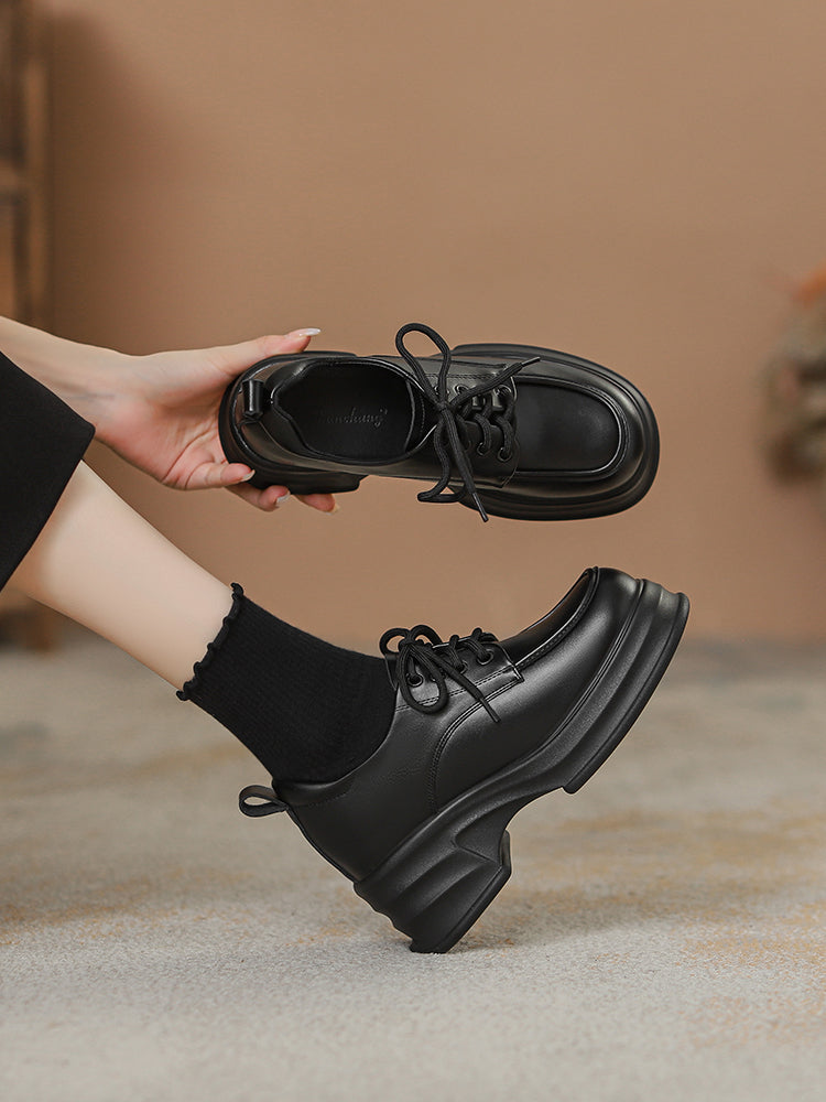 Jiang Yan Same Style Wear Elevator Women's Shoes 8cm British Style Small Leather Shoes Platform Shoes with Wide Leg Pants Small Single Shoes