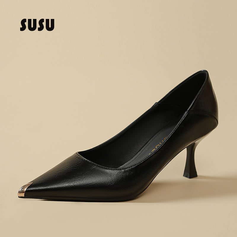 Metal Toe Cap Black High Heels Women 6cm Professional High Sense Not Tired Feet Thin Heeled Soft Leather Work 4cm Single Shoes