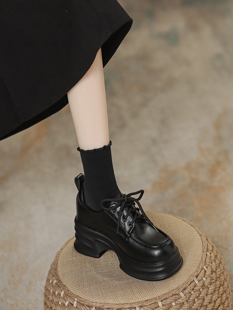 Jiang Yan Same Style Wear Elevator Women's Shoes 8cm British Style Small Leather Shoes Platform Shoes with Wide Leg Pants Small Single Shoes