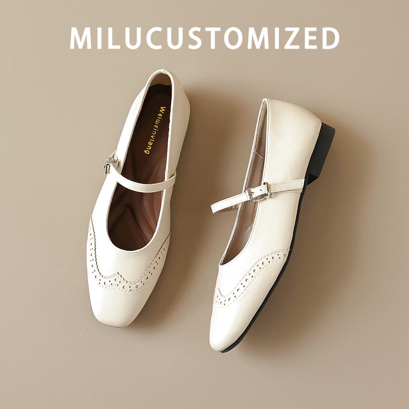 Genuine Leather French style Small Square Toe Flat Mary Jane Shoes Women 2025 Spring New Buckle Soft Bottom Shallow Mouth Single-Layer Shoes