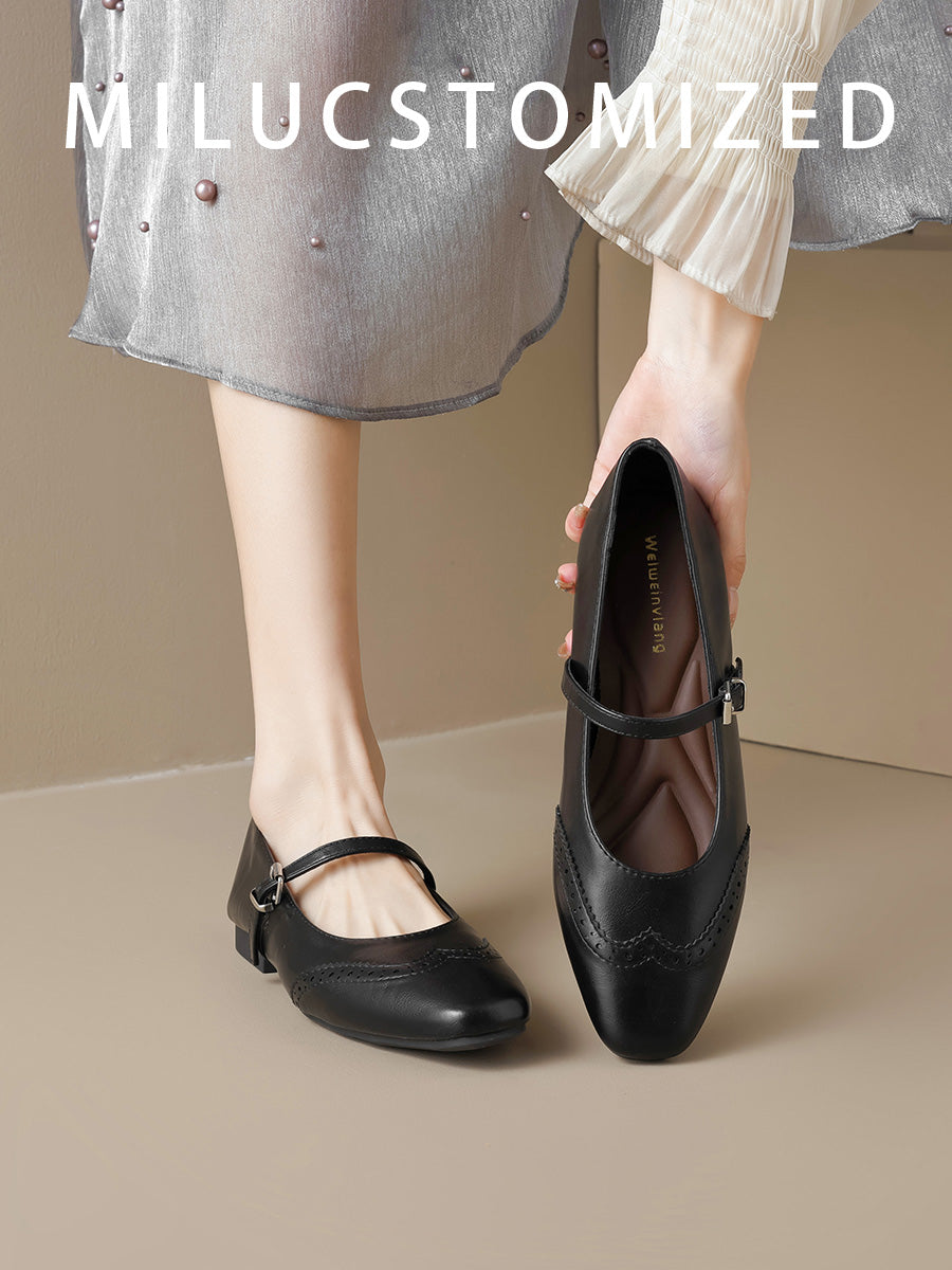 Genuine Leather French style Small Square Toe Flat Mary Jane Shoes Women 2025 Spring New Buckle Soft Bottom Shallow Mouth Single-Layer Shoes