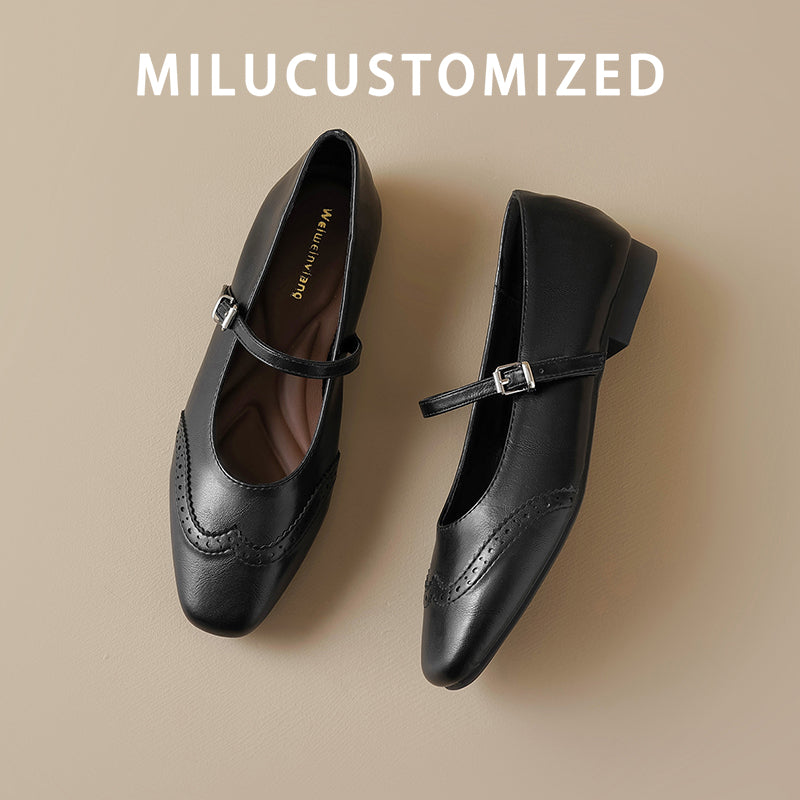 Genuine Leather French style Small Square Toe Flat Mary Jane Shoes Women 2025 Spring New Buckle Soft Bottom Shallow Mouth Single-Layer Shoes