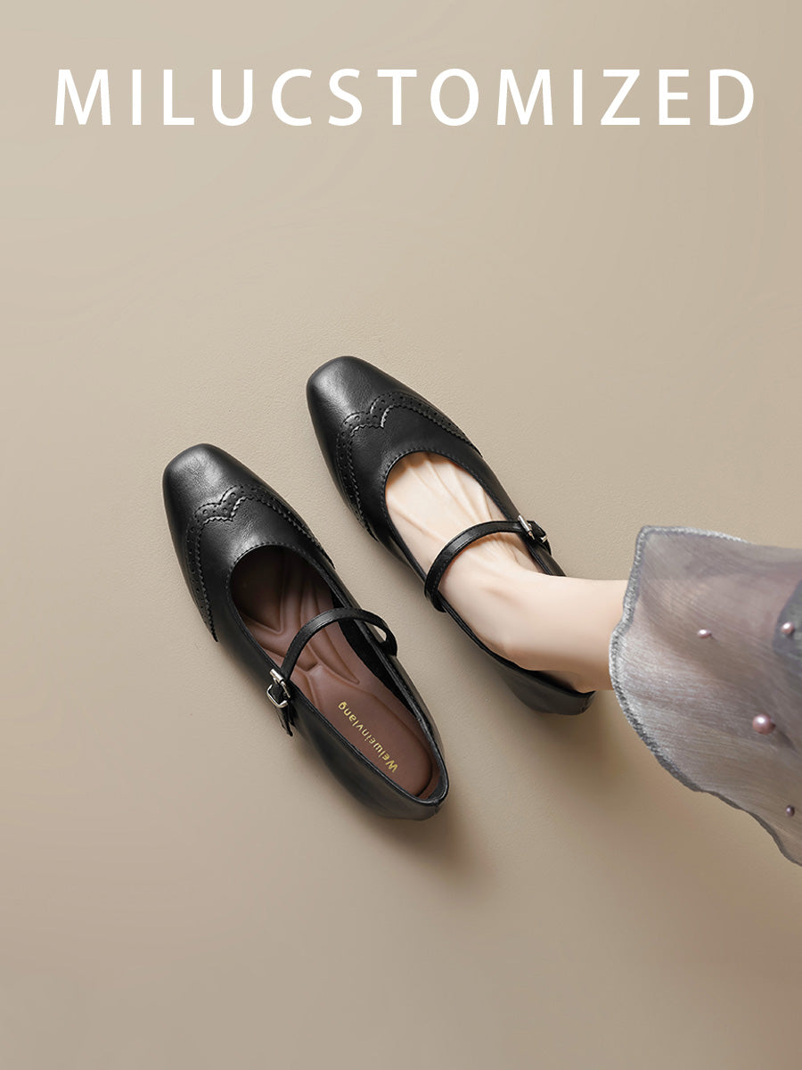 Genuine Leather French style Small Square Toe Flat Mary Jane Shoes Women 2025 Spring New Buckle Soft Bottom Shallow Mouth Single-Layer Shoes