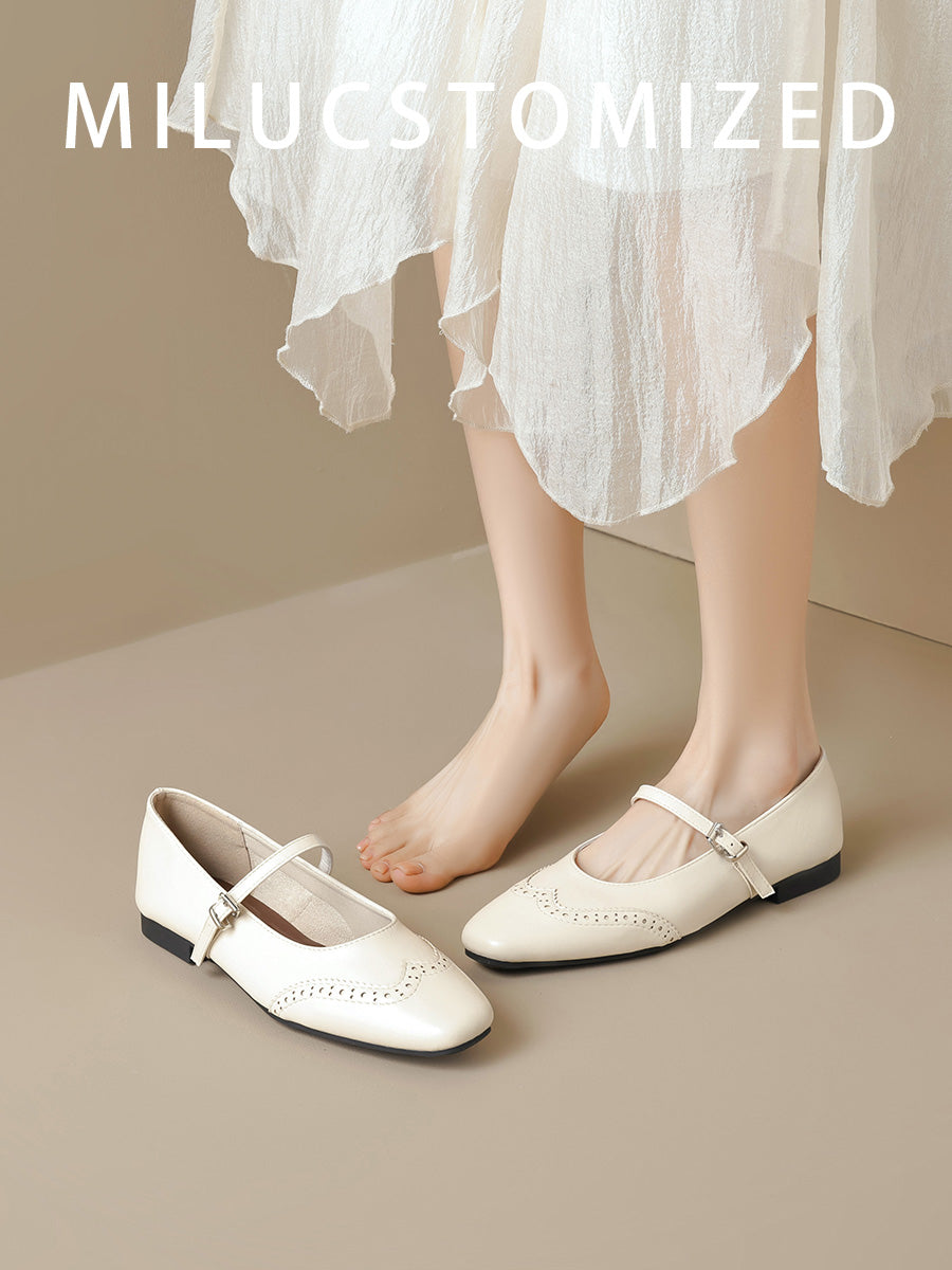 Genuine Leather French style Small Square Toe Flat Mary Jane Shoes Women 2025 Spring New Buckle Soft Bottom Shallow Mouth Single-Layer Shoes