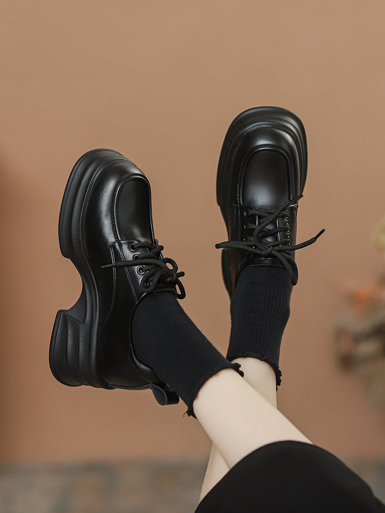 Jiang Yan Same Style Wear Elevator Women's Shoes 8cm British Style Small Leather Shoes Platform Shoes with Wide Leg Pants Small Single Shoes