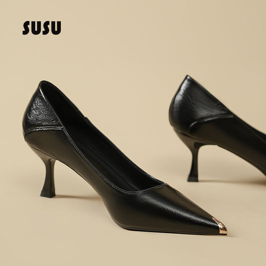 Metal Toe Cap Black High Heels Women 6cm Professional High Sense Not Tired Feet Thin Heeled Soft Leather Work 4cm Single Shoes