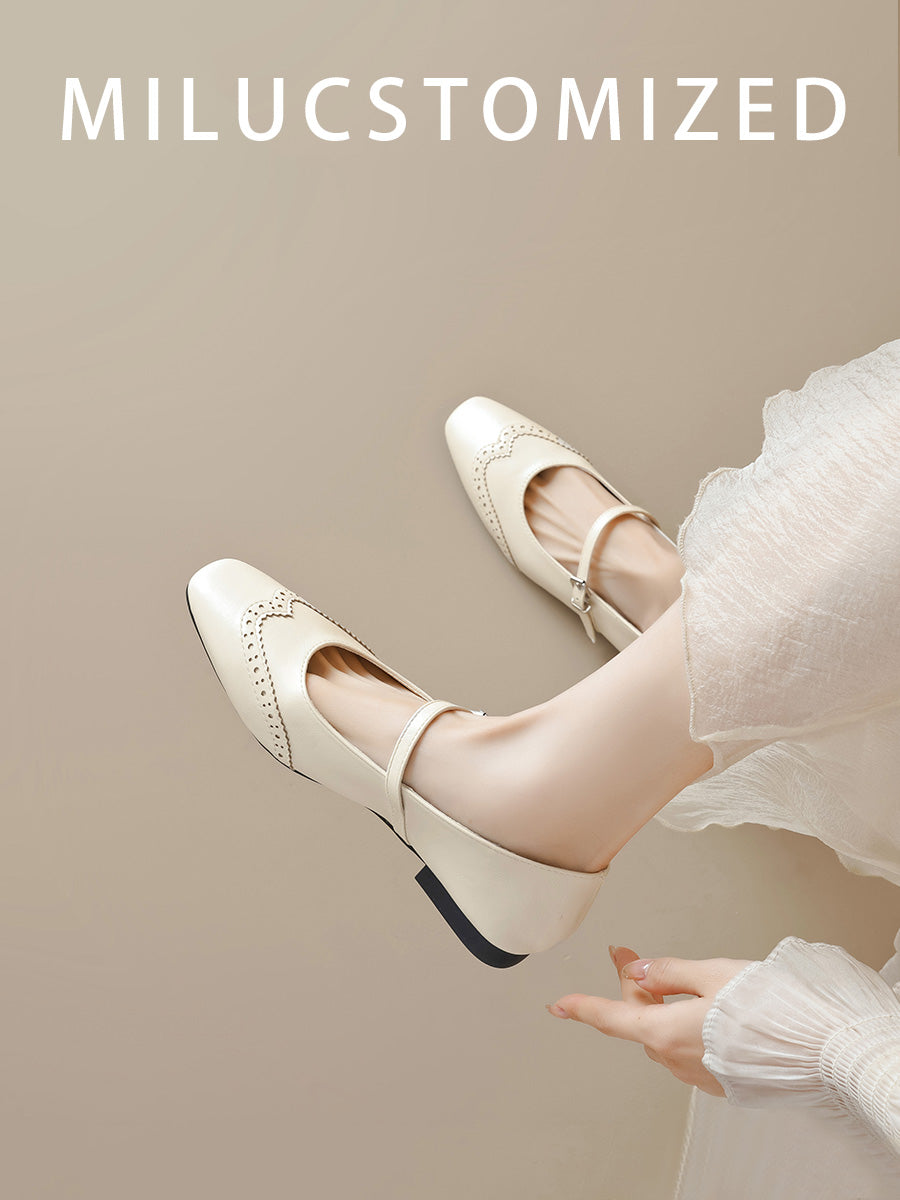 Genuine Leather French style Small Square Toe Flat Mary Jane Shoes Women 2025 Spring New Buckle Soft Bottom Shallow Mouth Single-Layer Shoes