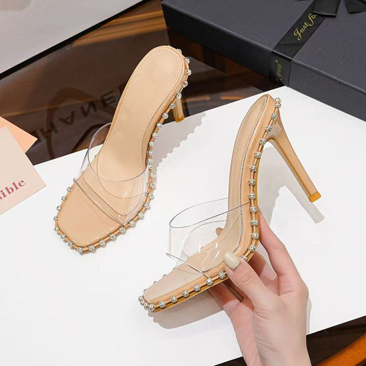 Internet Celebrity New Style One Strap Transparent Sandals Women Square Toe High Heels Sexy Rhinestone Open Toe Thin Heeled Outer Wear Sandals