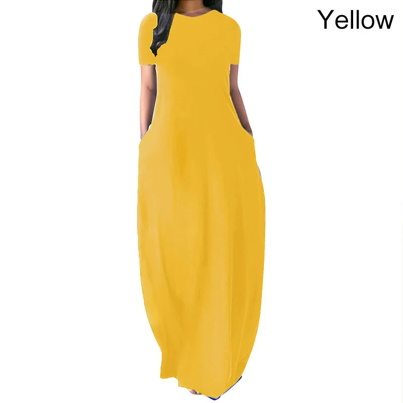 Women’s Oversize Long Dress Casual Solid Color O-Neck Pockets Summer Dress Female Plus Size Short Sleeve High Waist Maxi Dresses