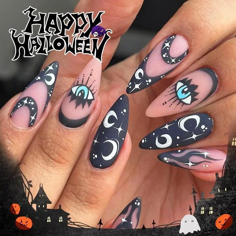 24Pcs Halloween Ghost Press on Nails Personalized Cobweb Pattern Teardrop Nails Full Cover False Nail for Women&Girls Party Wear