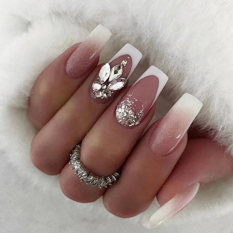 Silver Butterfly Shiny Rhinestone Wearable Translucent Black T-shaped Fake Nails Finished False Nails Press on Nails with Glue