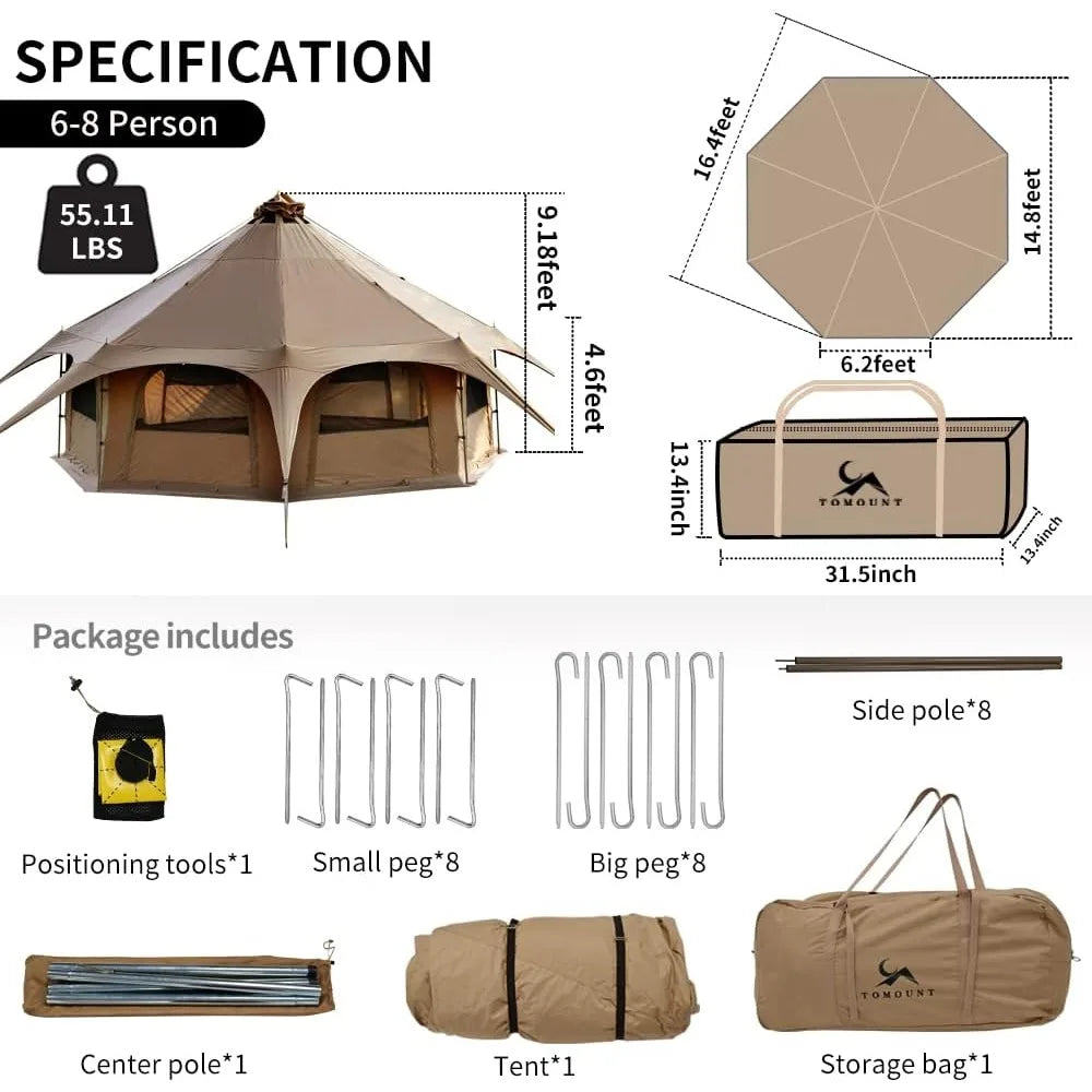 Canvas Tent Bell Tent 16.4ft*High9.2ft with Stove Jack for Glamping Family Camping Zipped Removable Floor