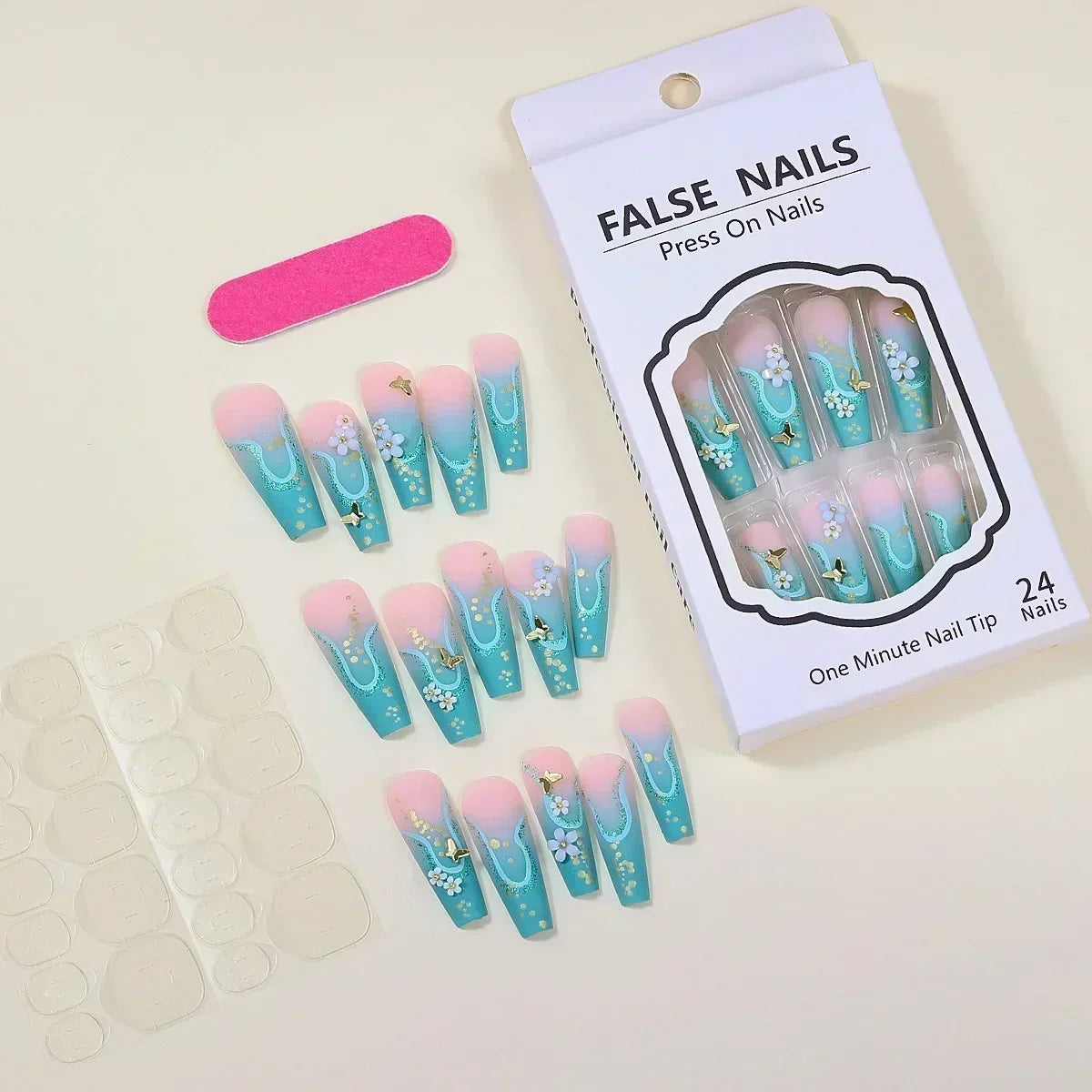 24Pc Long Green False Nails 3D Camellia Butterfly Design Fake Nail Coffin Ballet Press on Nails Artificial Wearable Finished Tip
