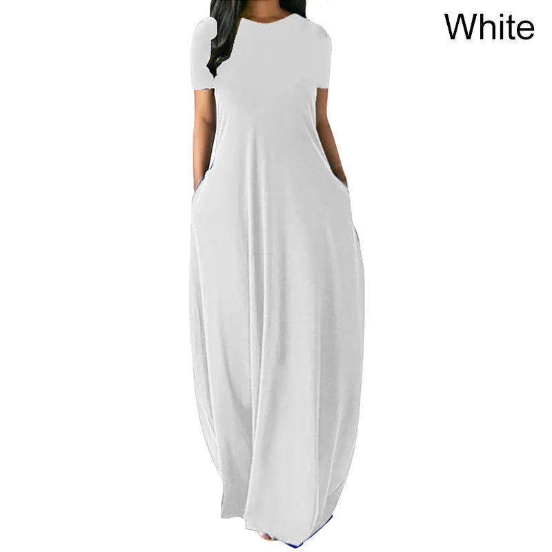 Women’s Oversize Long Dress Casual Solid Color O-Neck Pockets Summer Dress Female Plus Size Short Sleeve High Waist Maxi Dresses