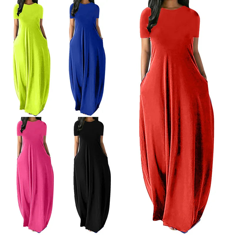 Women’s Oversize Long Dress Casual Solid Color O-Neck Pockets Summer Dress Female Plus Size Short Sleeve High Waist Maxi Dresses