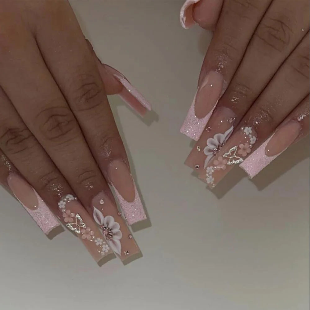 24Pcs Leopard Print Design False Nails with Bow Rhinestone Long Square Press on Nails Wearable French Ballet Fake Nail Tips