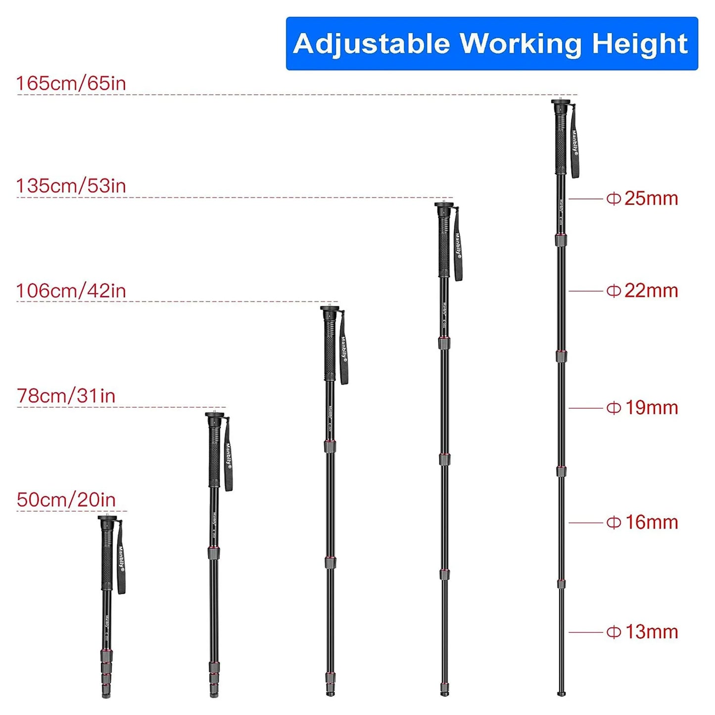 Manbily E-222 65" Camera Travel Monopod 5 Sections Aluminum Monopod for DSLR Cameras Portable Lightweight Walking Trekking Stick