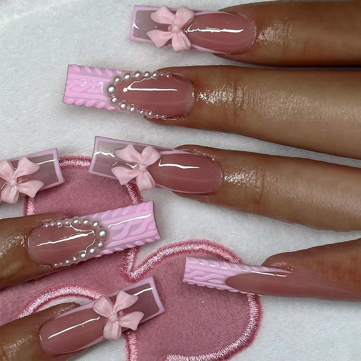 24Pcs Leopard Print Design False Nails with Bow Rhinestone Long Square Press on Nails Wearable French Ballet Fake Nail Tips