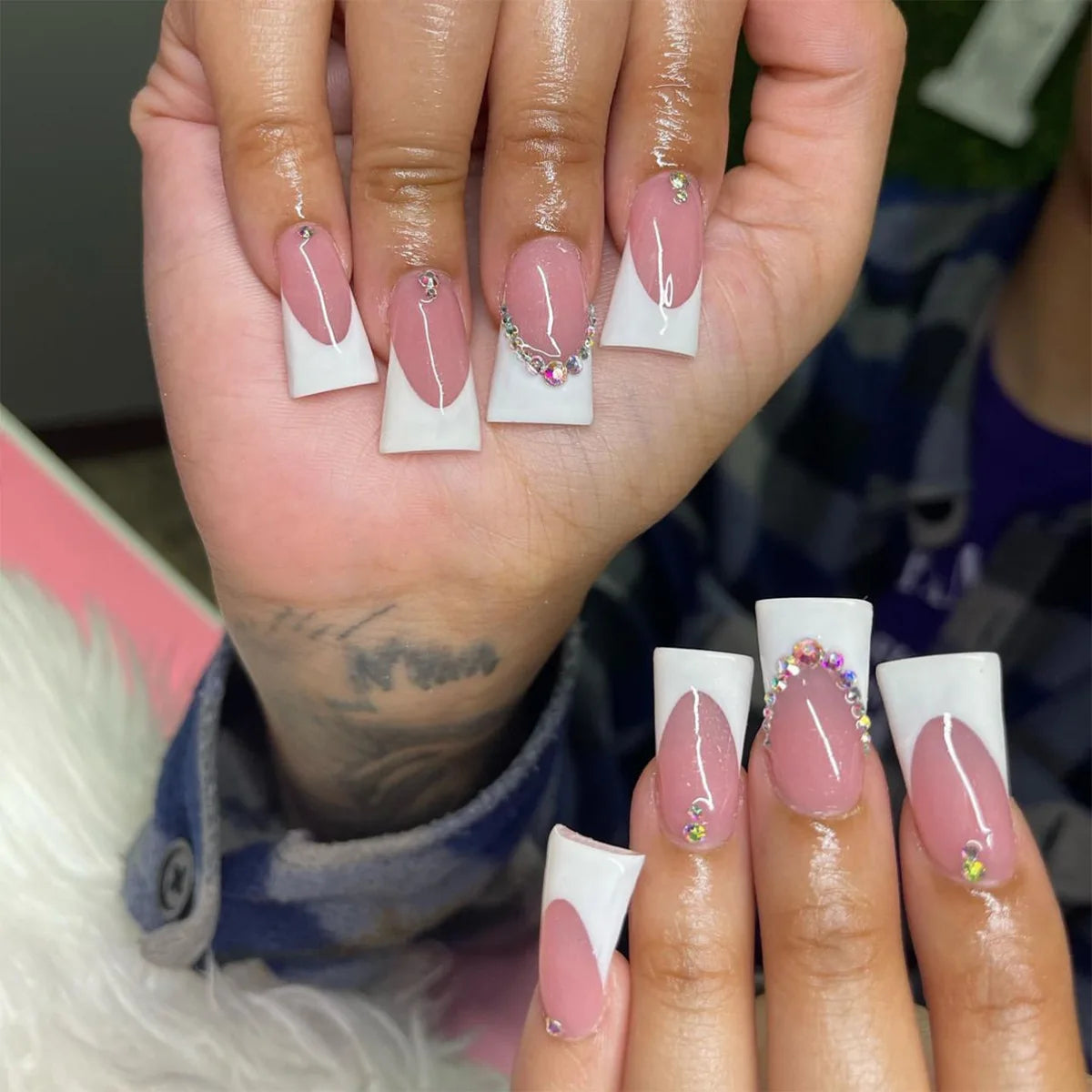 24pcs French Crystal Design False Nail Patches New Duckbill Shaped Fake Nails Full Cover Wearable Square Head Press on Nails