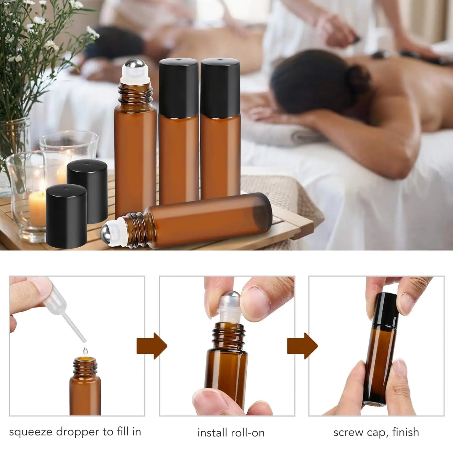 10PC 1/2/3/5/10ML  Empty Amber Roll on Glass Bottles Pulse Essential Oil Roller Ball Makeup Tools Refillable Liquid Container